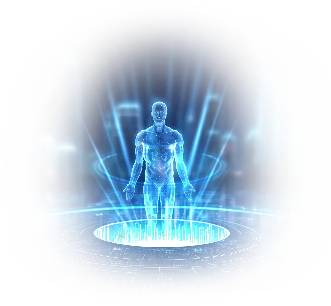 Holographic figure representing the AI-era coaching model