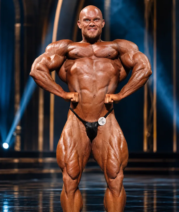 A muscular bodybuilder flexes his arms and chest under stage lighting.