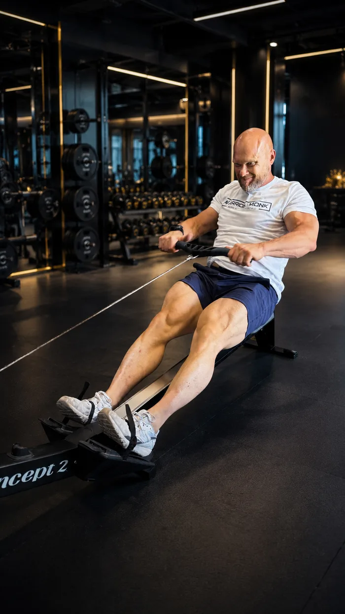 A man performs a seated cable row on the gym floor.