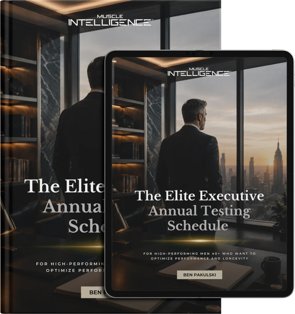 The Elite Executive Annual Testing Schedule guide shown as a book and tablet